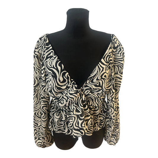 H&M Bluse Damen Gr M Beige Schwarz Muster Weit Ausschnitt Puffaermel