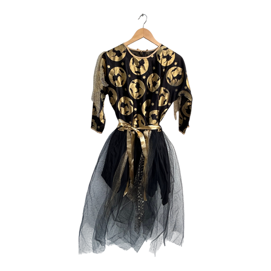 Hexen Kostüm Damen M Kleid Umhang Schwarz Gold 2 Teilig Karneval Halloween 3/4 Arm