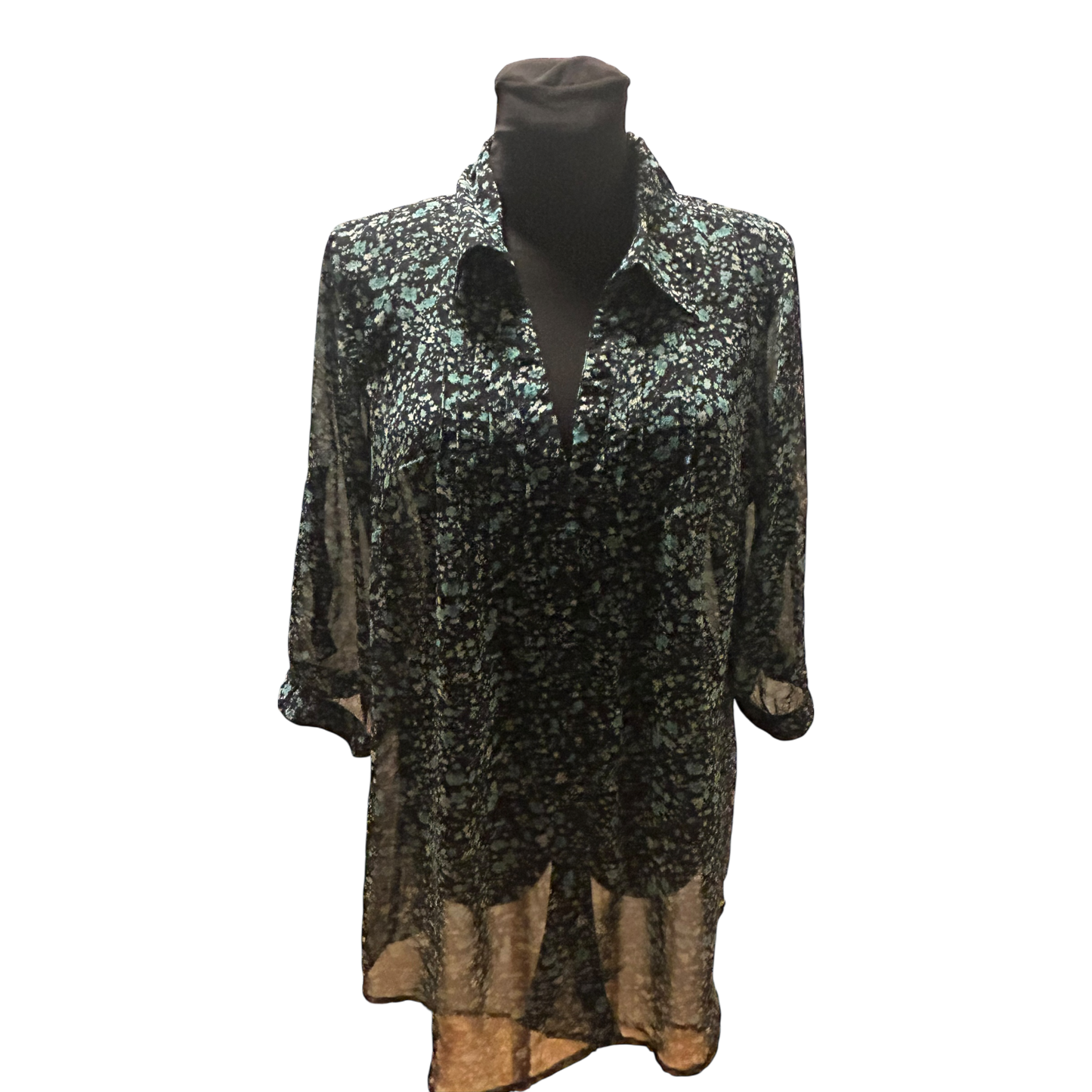 Gina Benotti Bluse Damen Gr L Schwarz Grün Transparent Floral Oversize