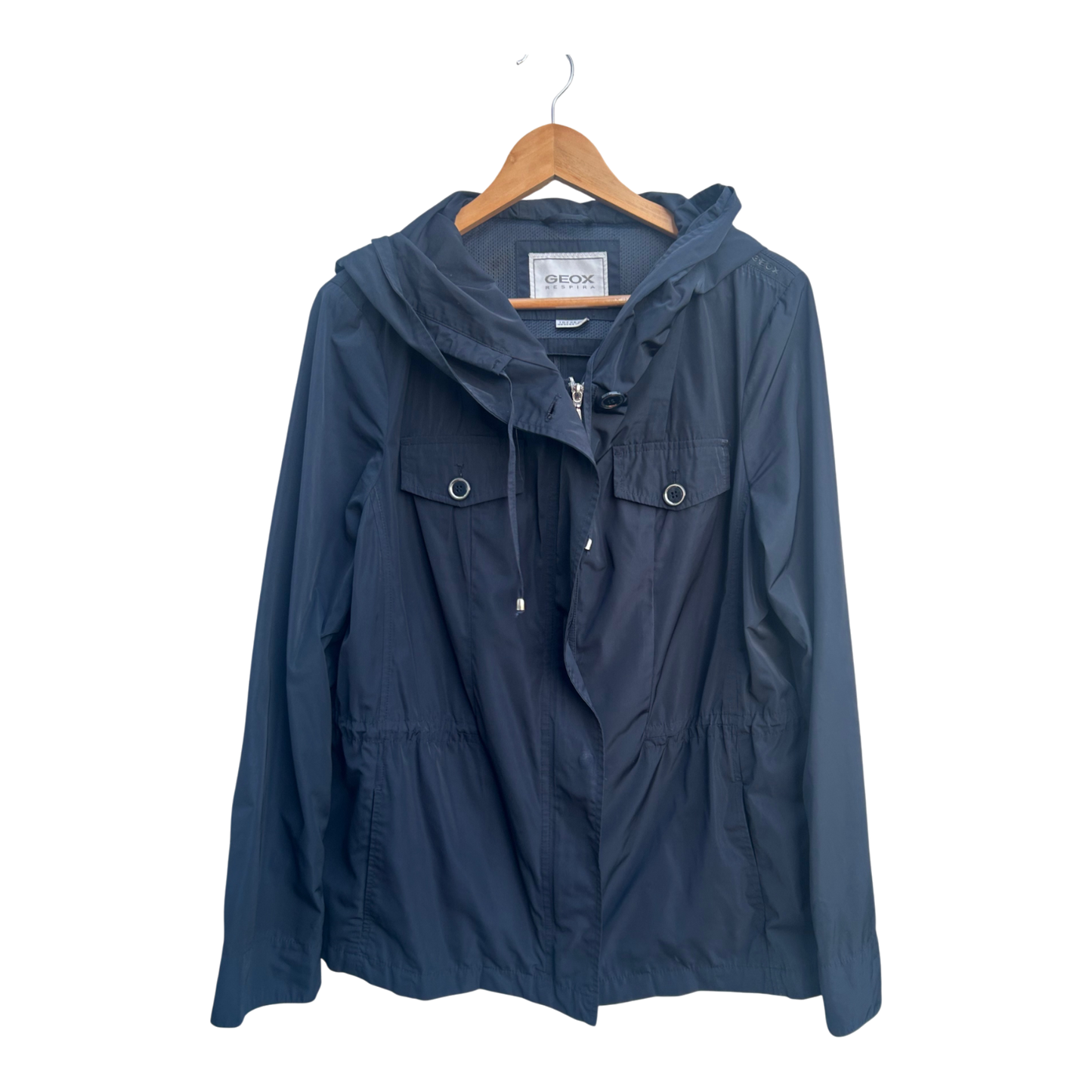 Geox Damen Jacke Gr 42 Dunkelblau atmungsaktiv Kapuze Freizeit leicht elegant