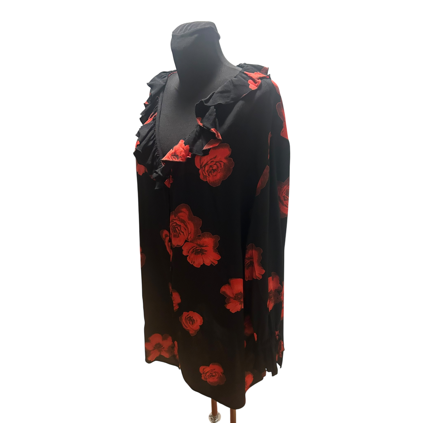 Wunderschöne Große Bluse Gr 54 Damen Schwarz Rot Rosen Volant V-Ausschnitt