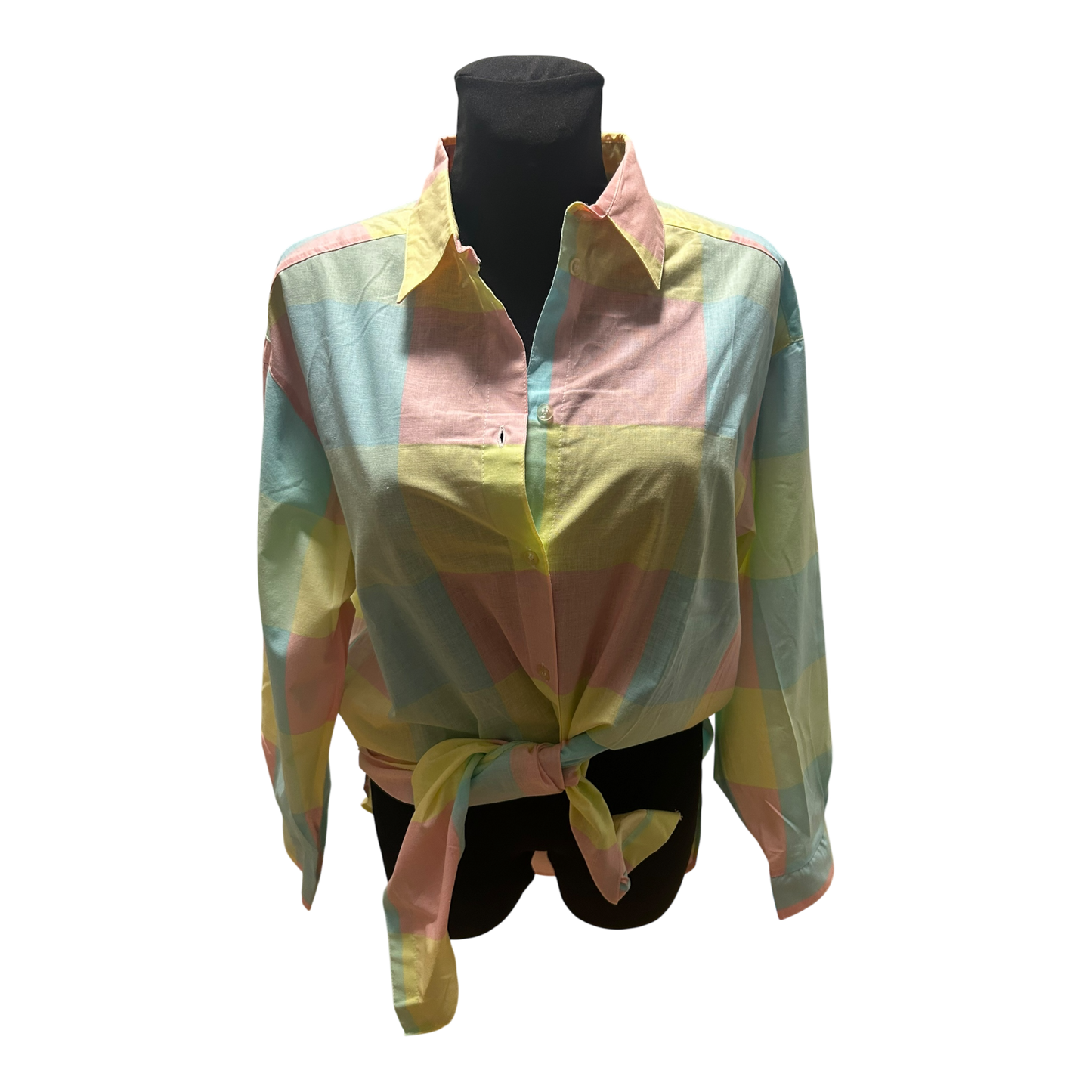 Vintage Bluse Damen Gr 42 Kariert Pastell Baumwolle 80er Langarm