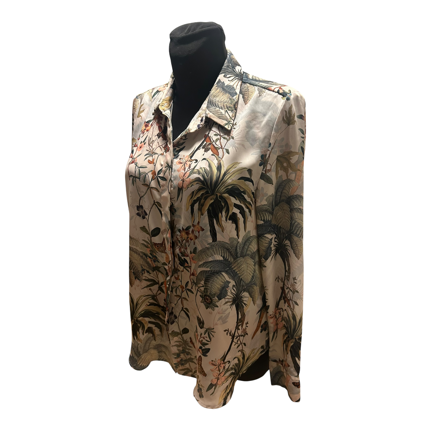 H&M Bluse Damen Gr 38 Beige Grün Dschungel Print Langarm Elegant Chic