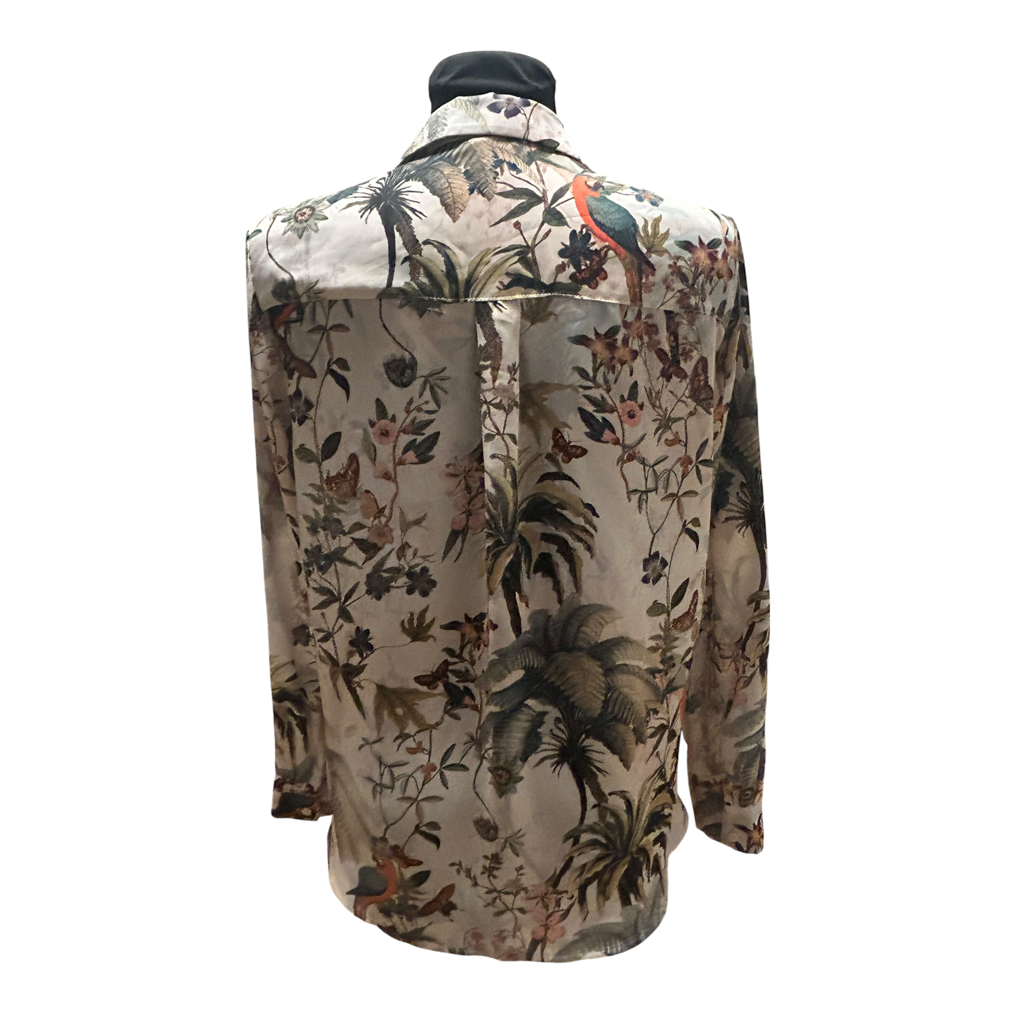 H&M Bluse Damen Gr 38 Beige Grün Dschungel Print Langarm Elegant Chic