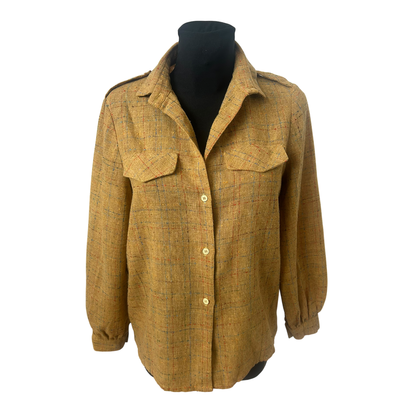 Vintage Bluse Damen Gr 40 Gelb Schulterklappen Kariert Retro Chic