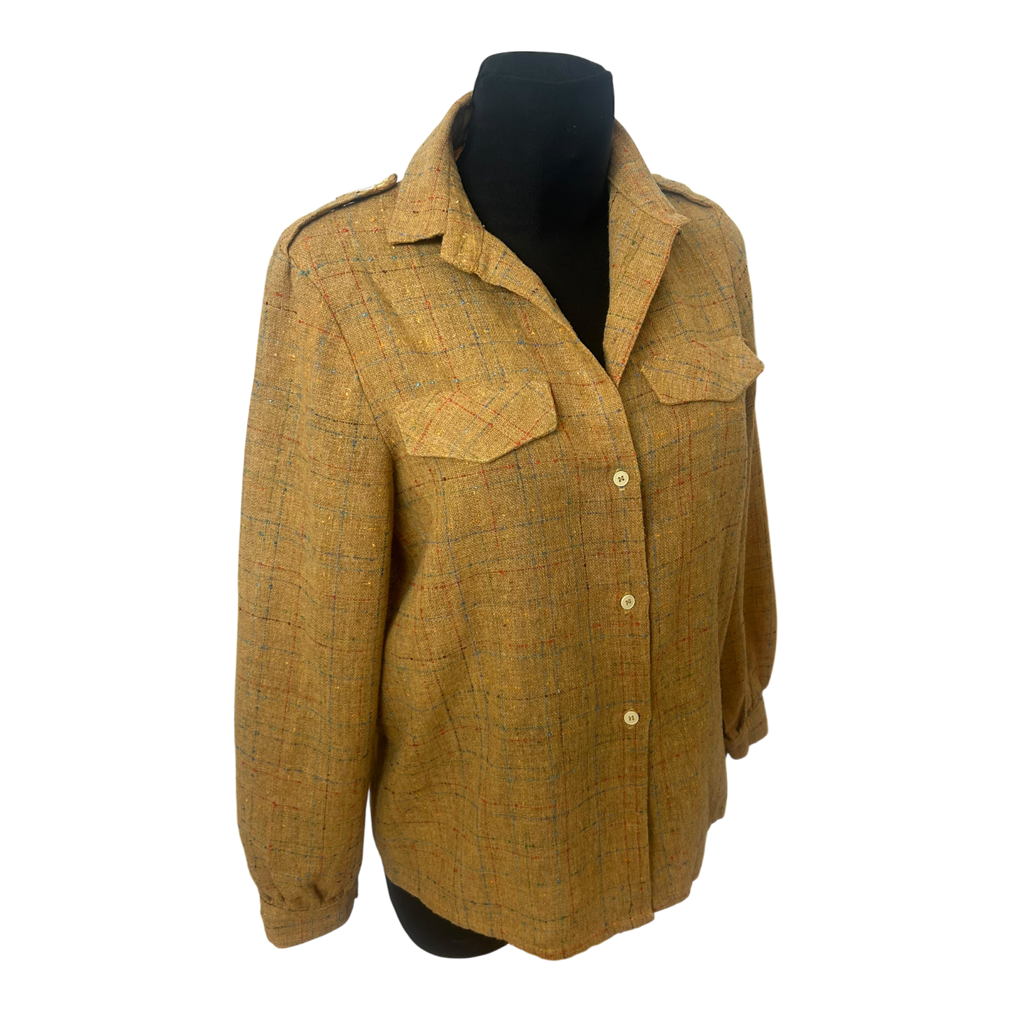 Vintage Bluse Damen Gr 40 Gelb Schulterklappen Kariert Retro Chic