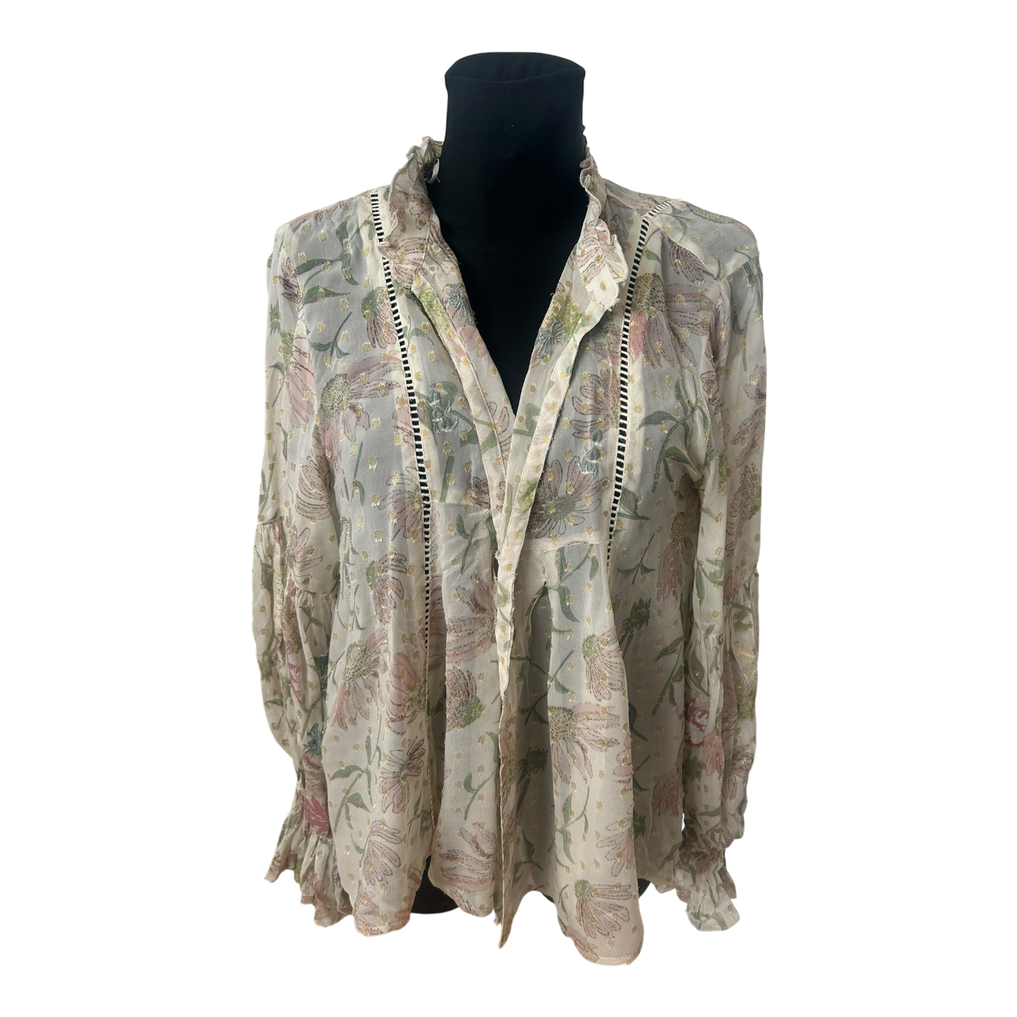 Zara Bluse Damen Gr S Creme Blumen Gold Lurex Weit Puffarm Elegant