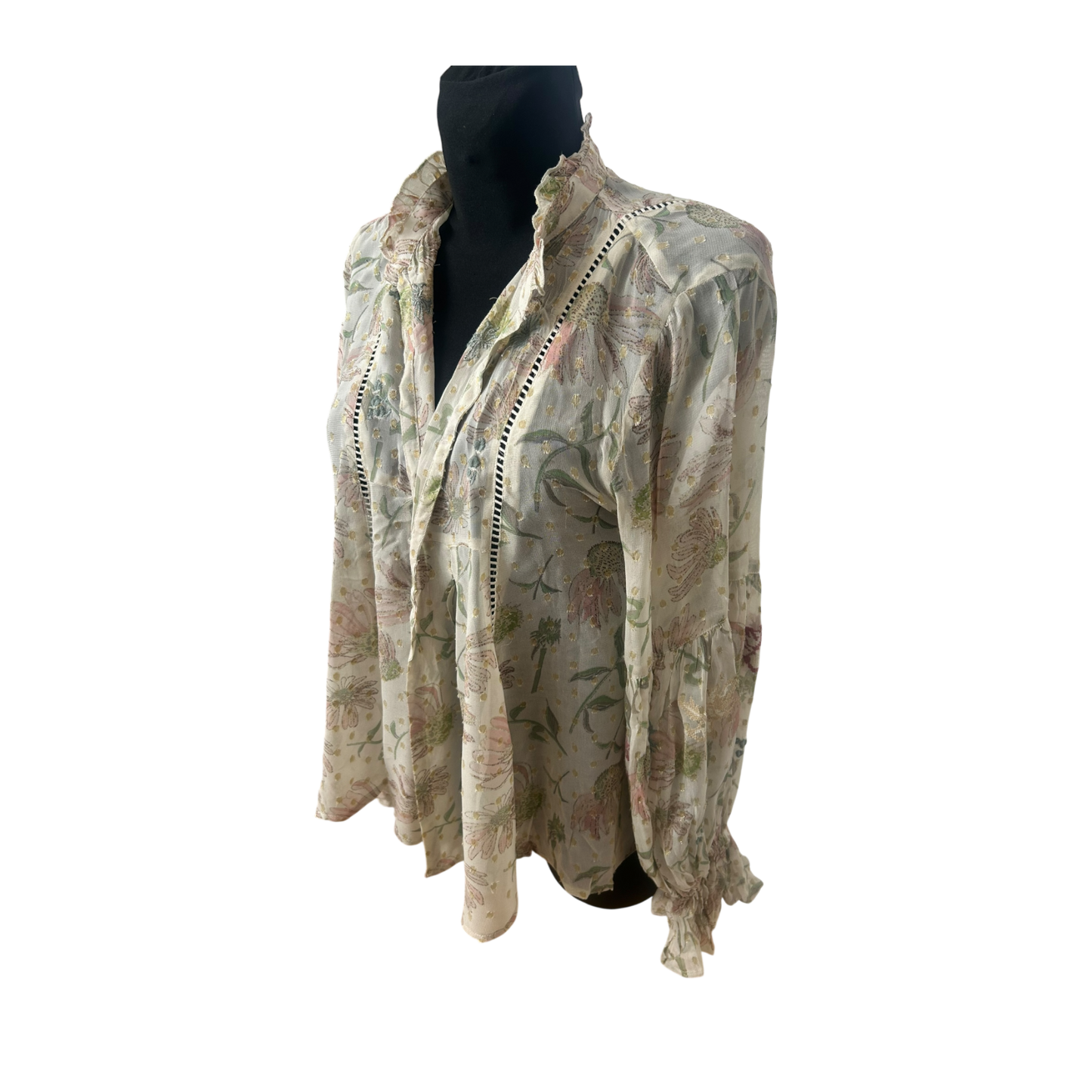 Zara Bluse Damen Gr S Creme Blumen Gold Lurex Weit Puffarm Elegant