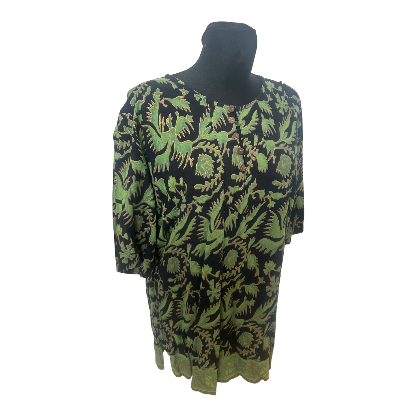 Damen Bluse Gr L Grün Schwarz Muster Viskose Sommer Locker Lang Casual