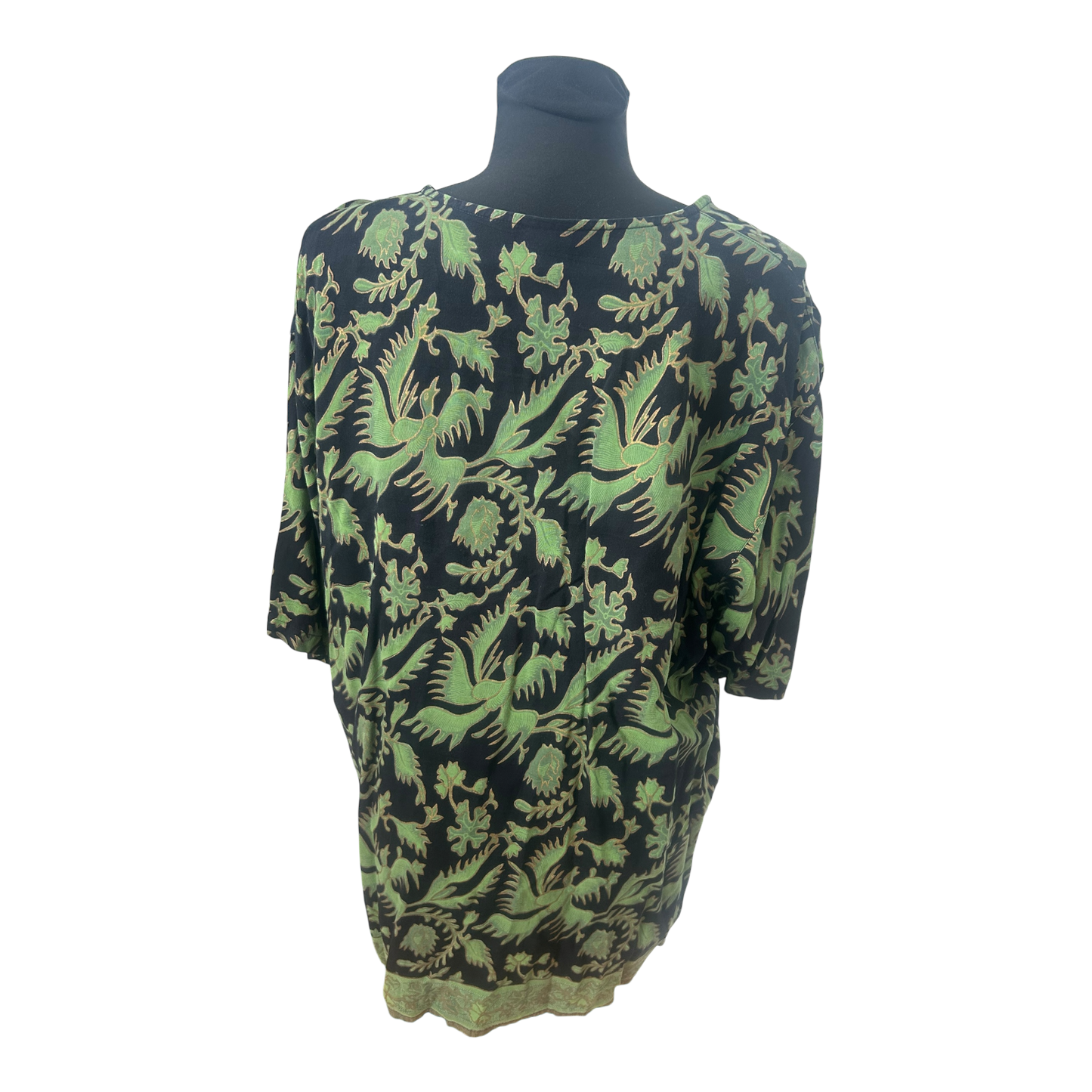 Damen Bluse Gr L Grün Schwarz Muster Viskose Sommer Locker Lang Casual