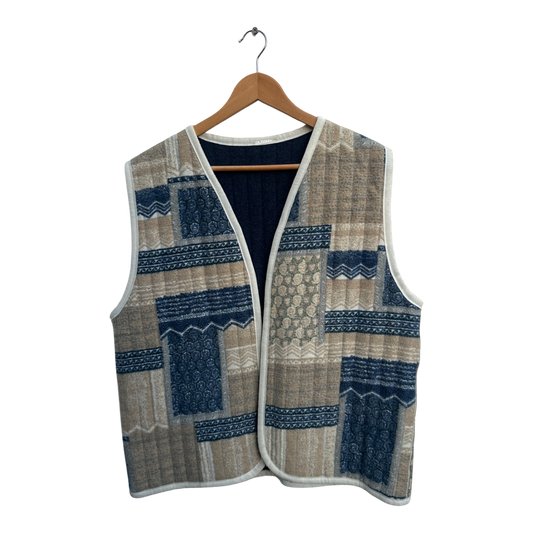 Vintage Wendeweste Damen Gr 44 Beige Blau Patchwork Warm Wolloptik Boho