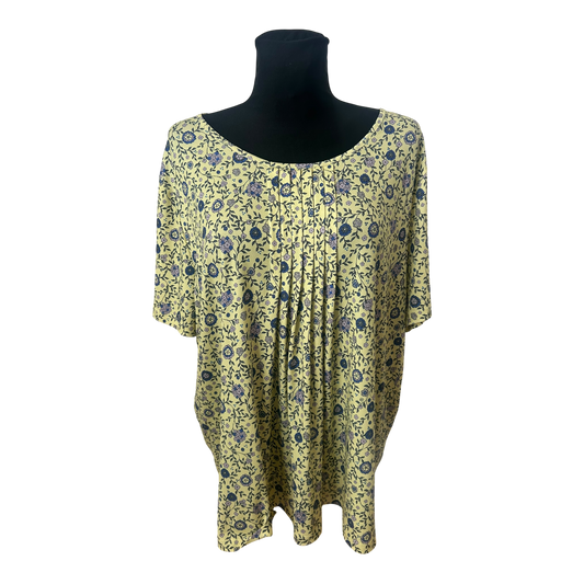 Damen Bluse Gelb Blau Blumenmuster Größe 50 Kurzarm Sommer Leicht