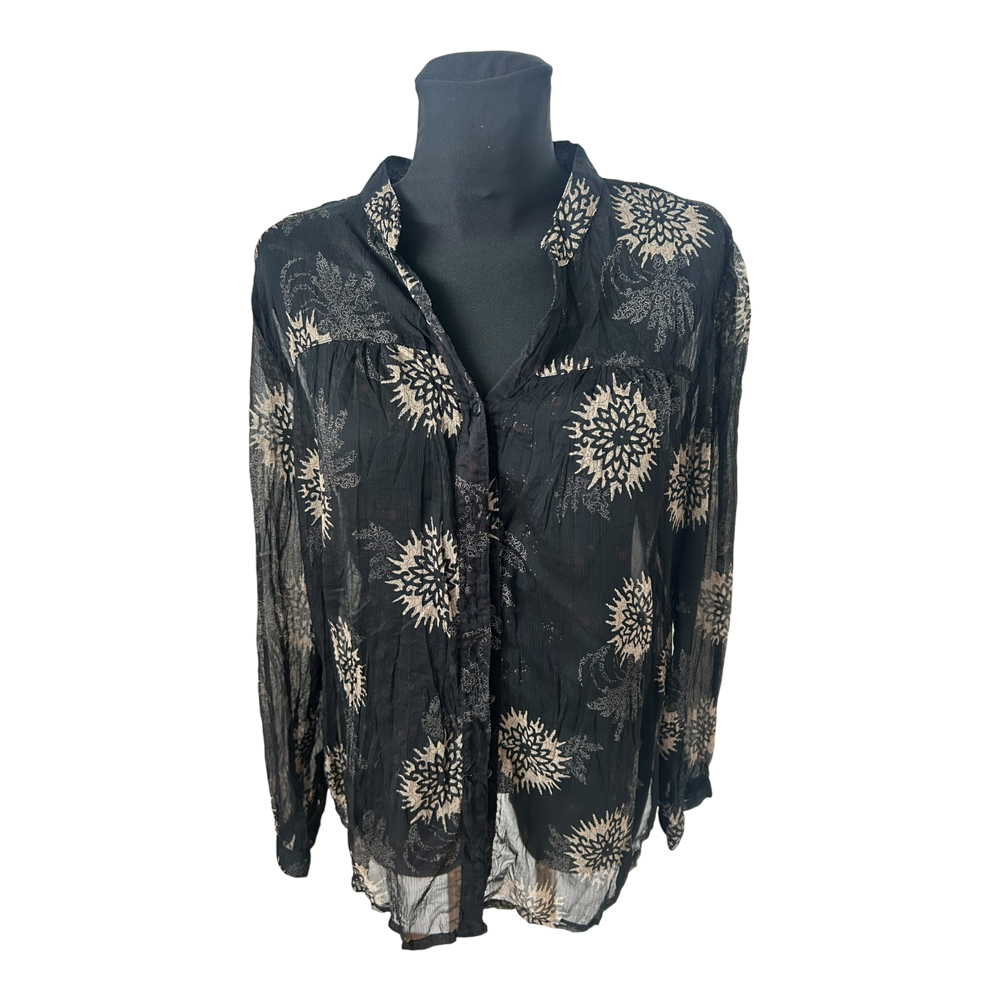 Yessica Damen Bluse Gr 48 Schwarz Transparent Krepp Muster Langarm Elegant