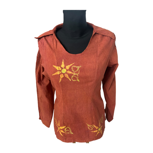 Leinen Bluse Damen Gr 36 Rost Braun Boho Stickerei Gummizug Rücken Elegant