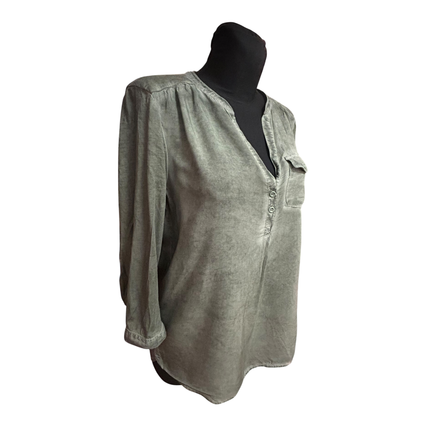 QS by s.Oliver Bluse Damen Gr 38 Khaki Viskose 3/4 Arm Leicht Elegant