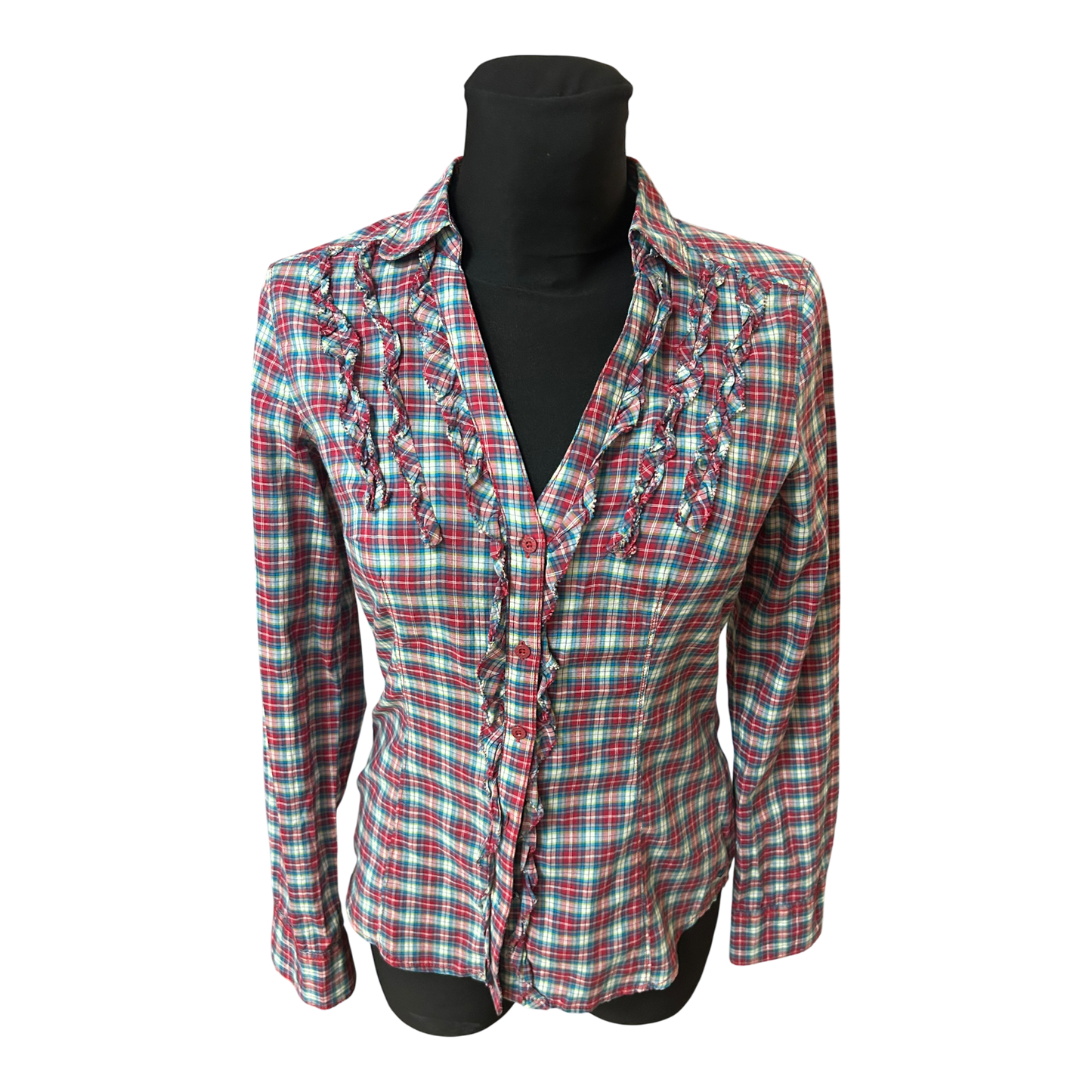 Esprit Bluse Damen Gr 34 Rot Blau Kariert Rüschen Baumwolle Figurbetont