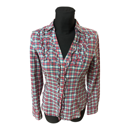 Esprit Bluse Damen Gr 34 Rot Blau Kariert Rüschen Baumwolle Figurbetont