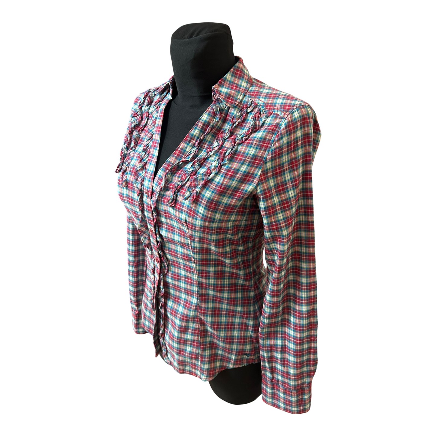 Esprit Bluse Damen Gr 34 Rot Blau Kariert Rüschen Baumwolle Figurbetont