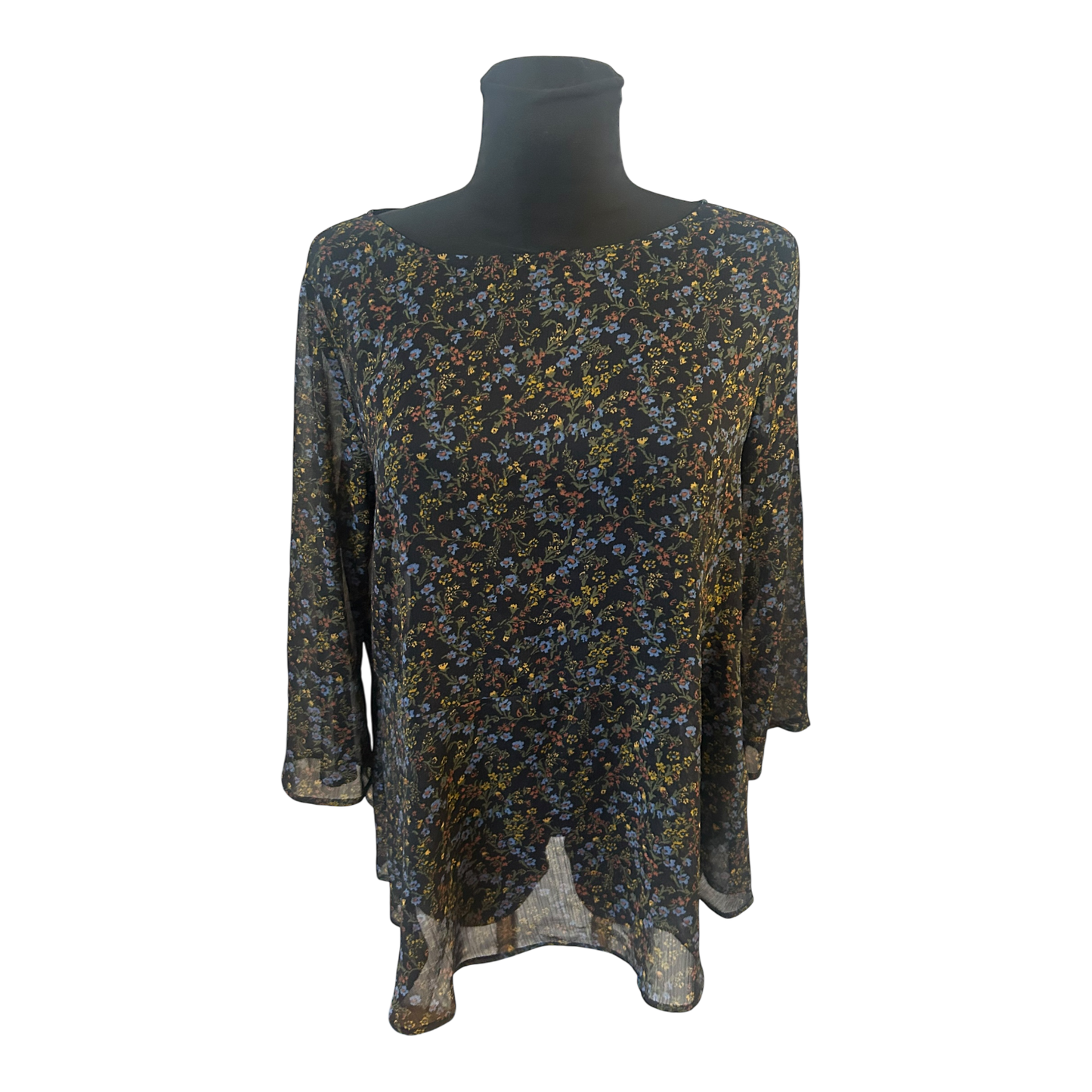 Uniqlo Bluse Damen Gr L Schwarz Transparent Blumen Dreiviertelarm