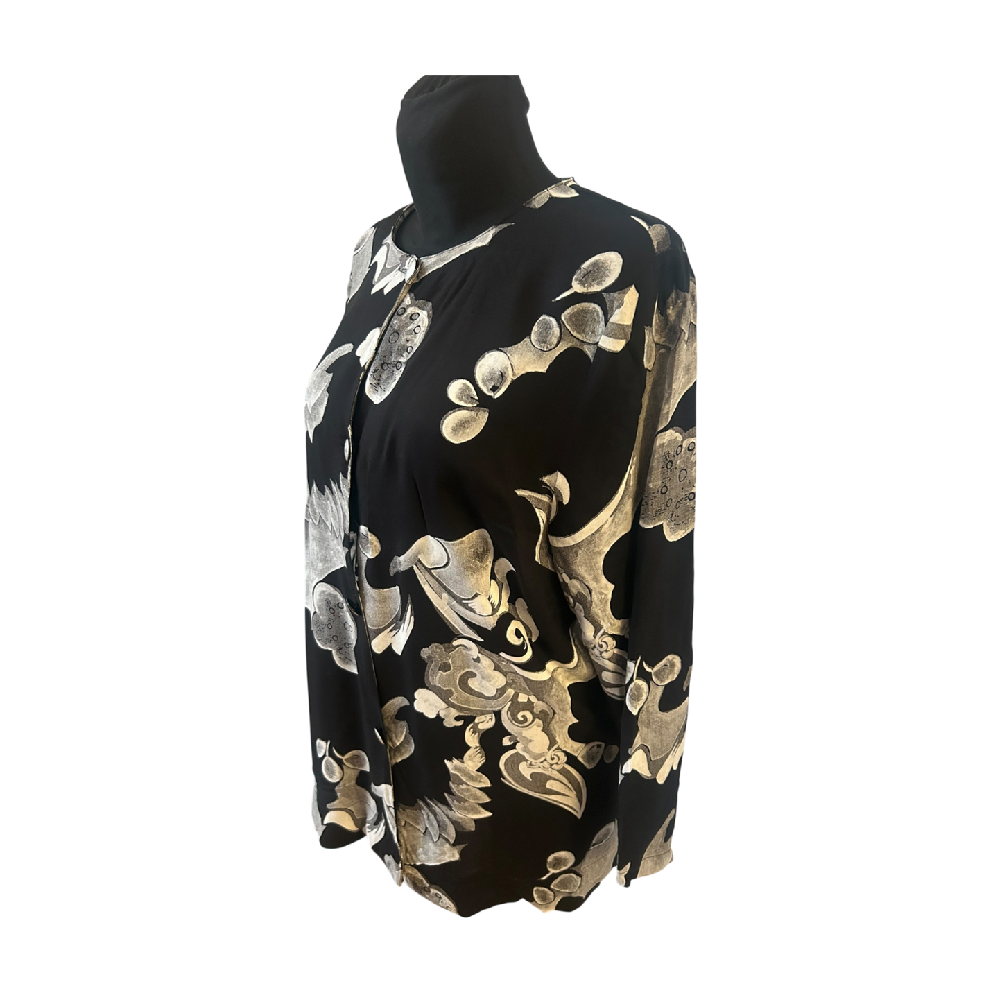Damen Bluse Gr 40 Schwarz Weiß Viskose Ornament Muster Elegant