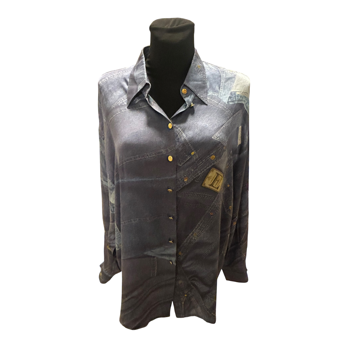 Escada Bluse Damen Gr 44 Seide Jeansprint Goldene Knöpfe Luxus Chic