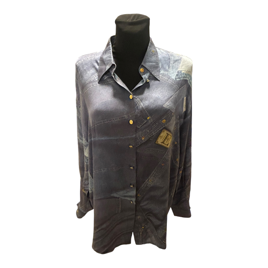 Escada Bluse Damen Gr 44 Seide Jeansprint Goldene Knöpfe Luxus Chic