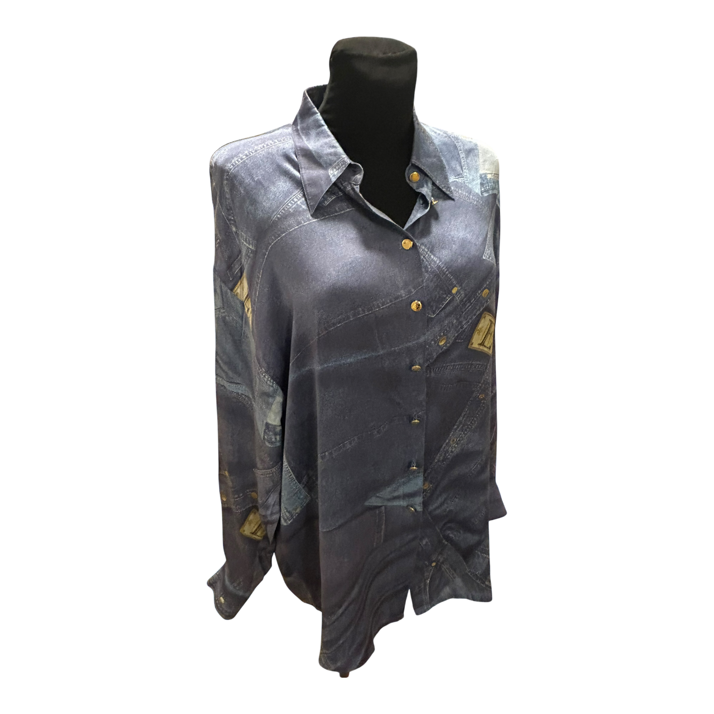 Escada Bluse Damen Gr 44 Seide Jeansprint Goldene Knöpfe Luxus Chic