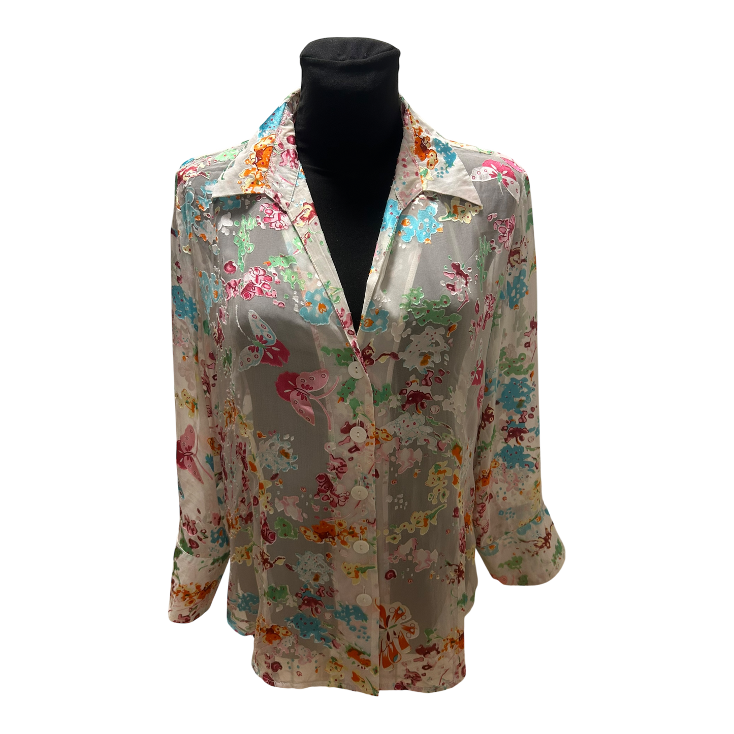 Eva B Bitzer Bluse Damen Gr 46 Seide Transparent Schmetterling Luxus wie Neu!