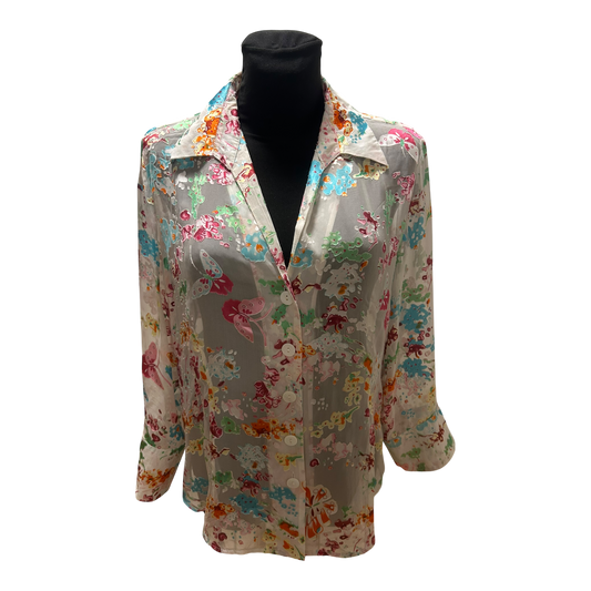 Eva B Bitzer Bluse Damen Gr 46 Seide Transparent Schmetterling Luxus wie Neu!