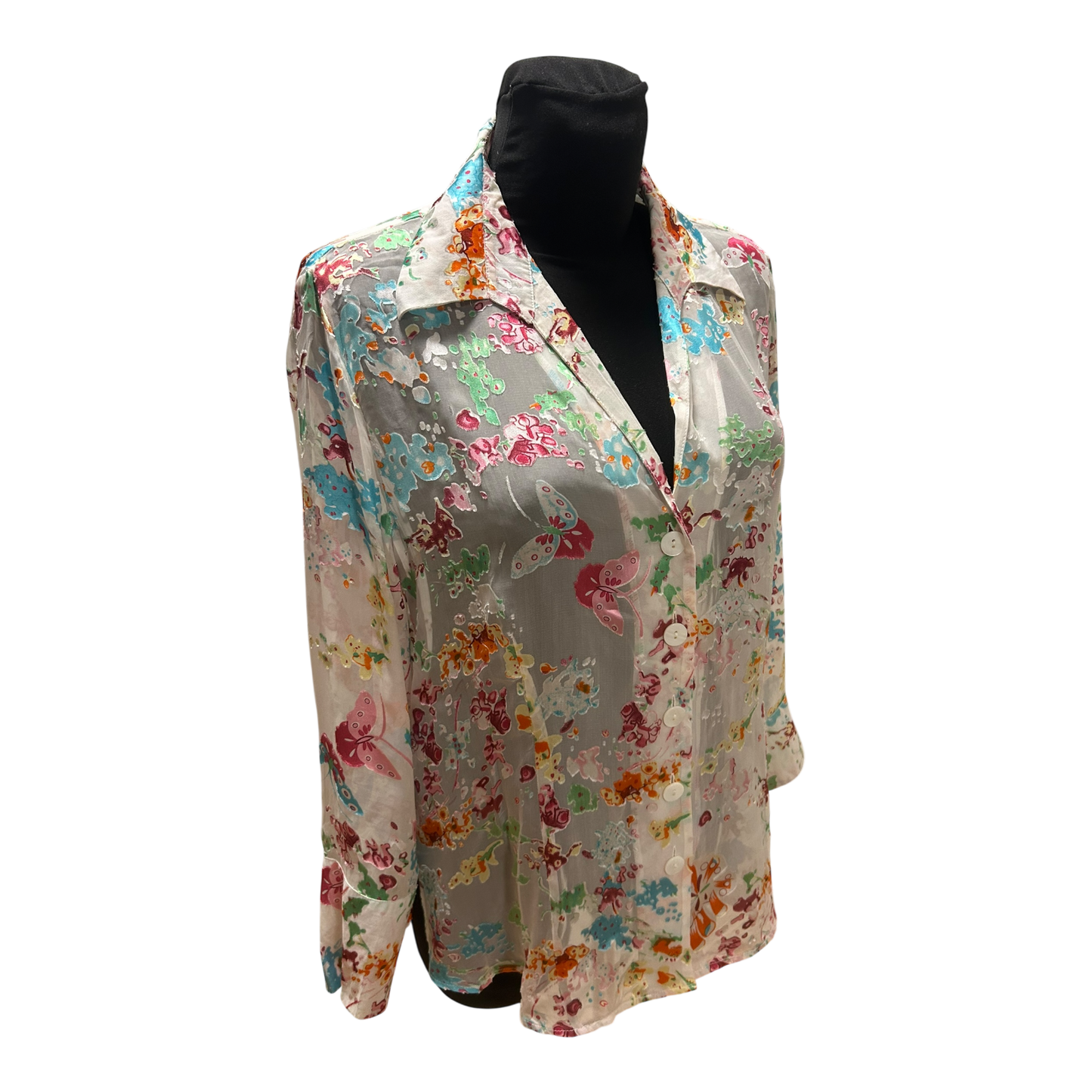 Eva B Bitzer Bluse Damen Gr 46 Seide Transparent Schmetterling Luxus wie Neu!