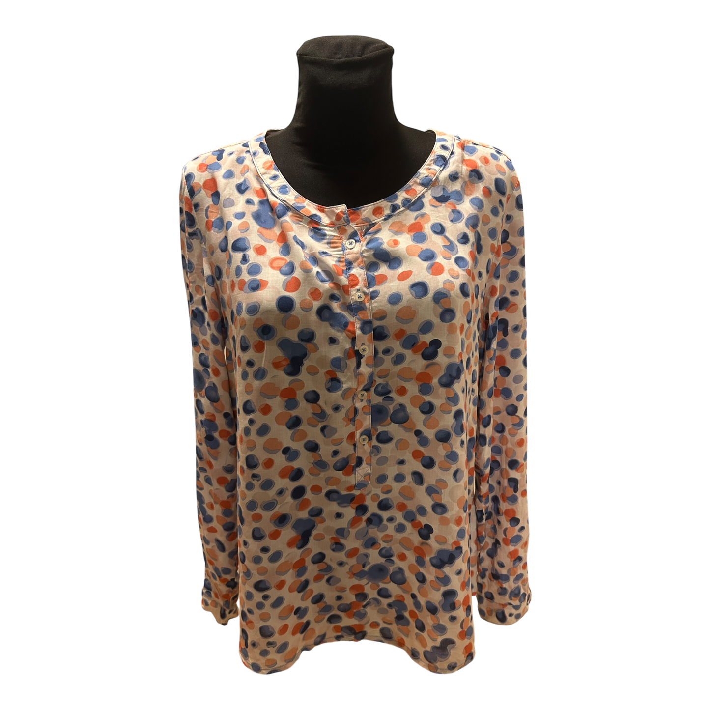 UP Fashion Bluse Damen Gr 44 Blau Orange Punkte Langarm Locker Chic