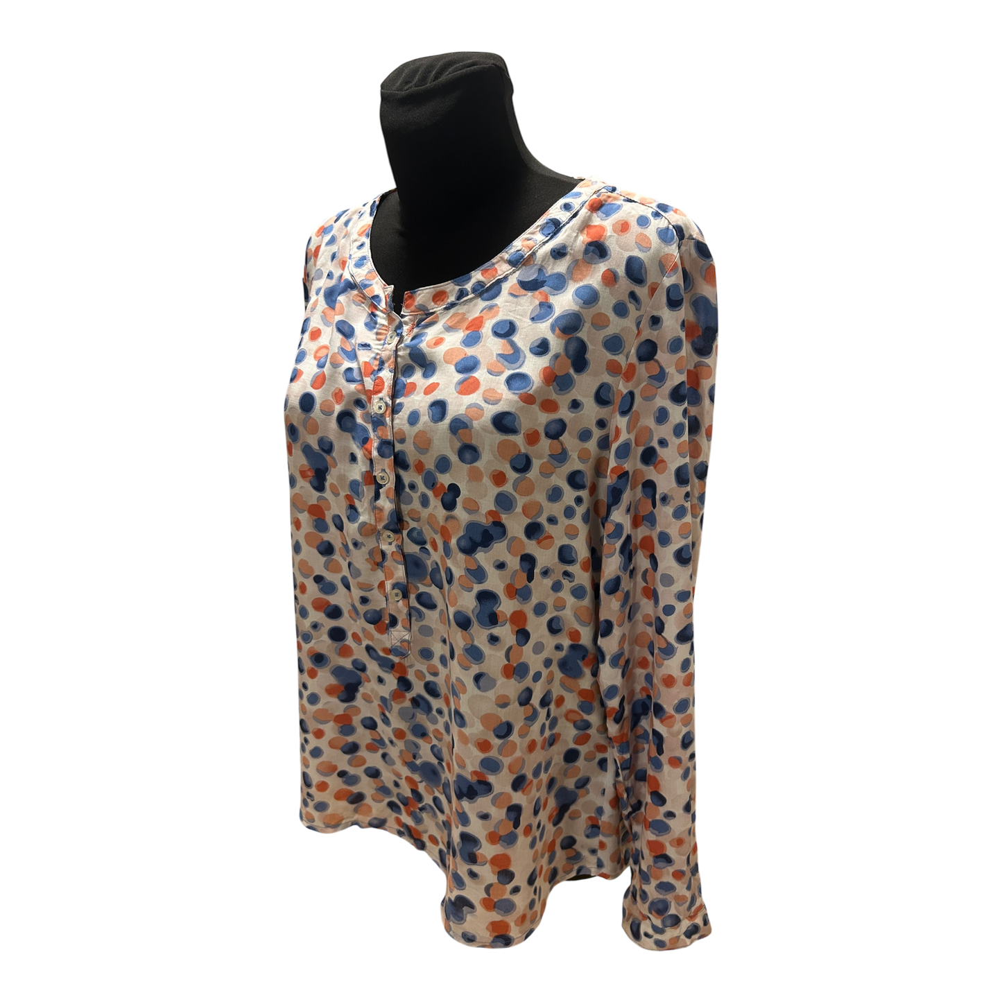 UP Fashion Bluse Damen Gr 44 Blau Orange Punkte Langarm Locker Chic