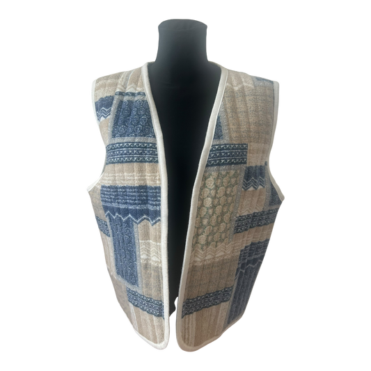 Wendeweste Damen Gr 42 L Blau Beige Patchwork Wollig Vintage Stil