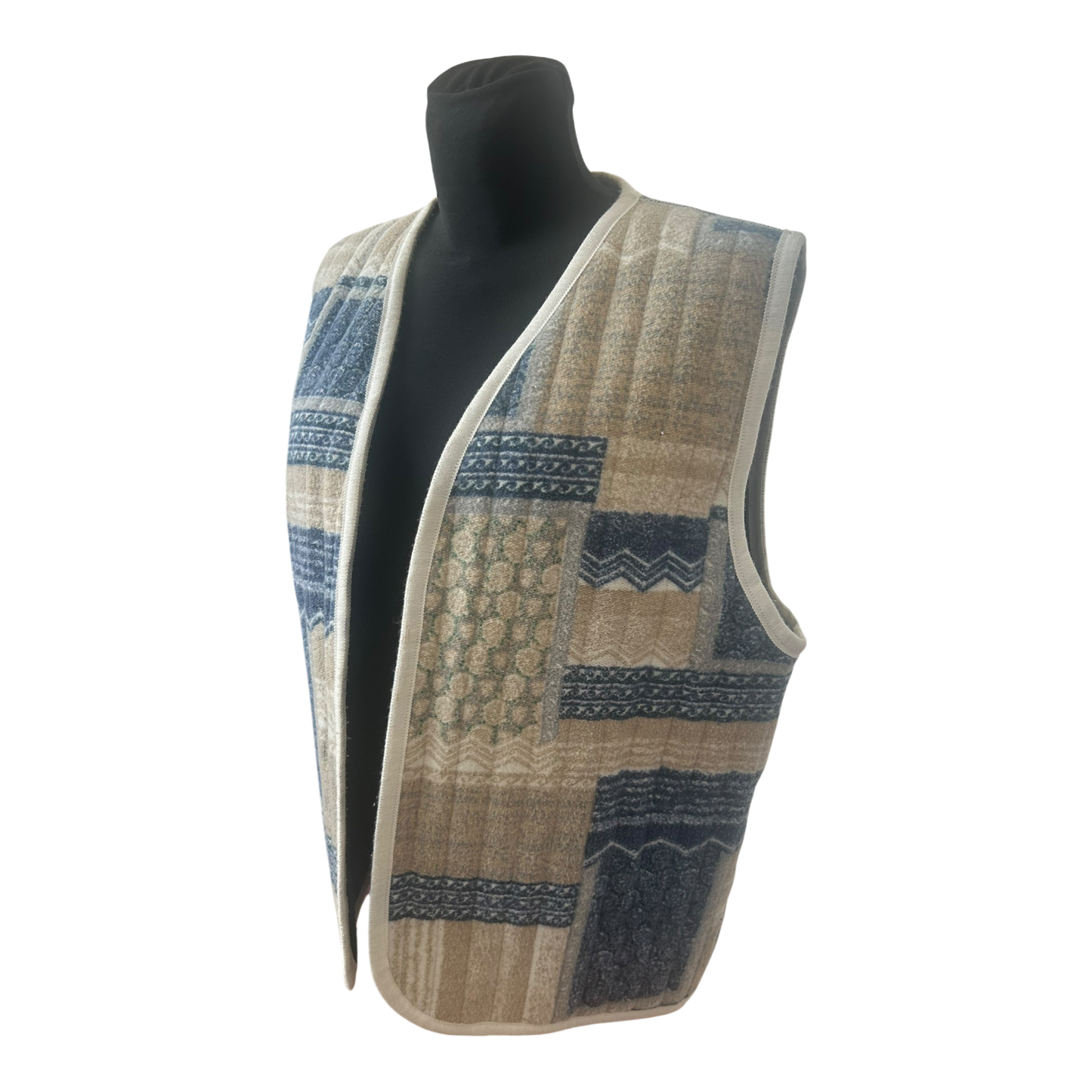 Wendeweste Damen Gr 42 L Blau Beige Patchwork Wollig Vintage Stil