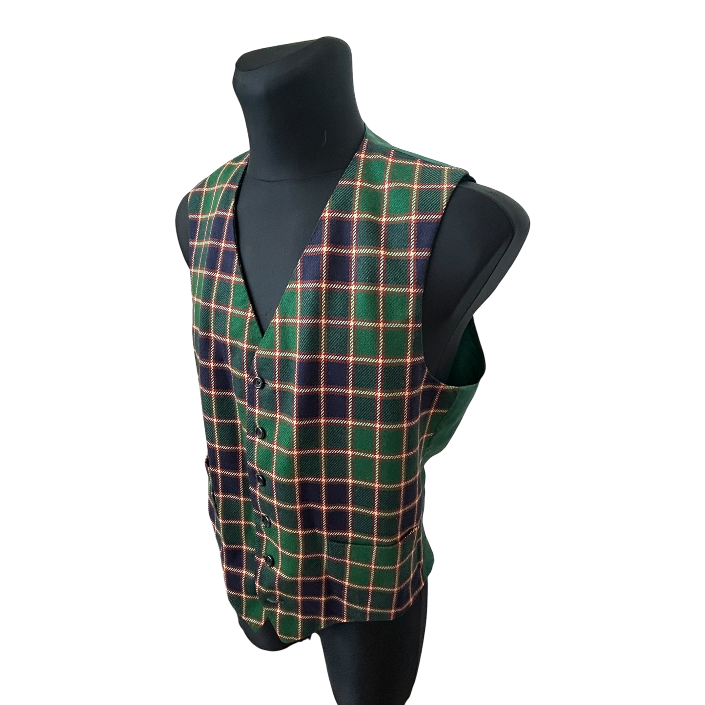 Herren Weste Gr 48 Grün Kariert Wollstoff Country Stil Elegant Vintage