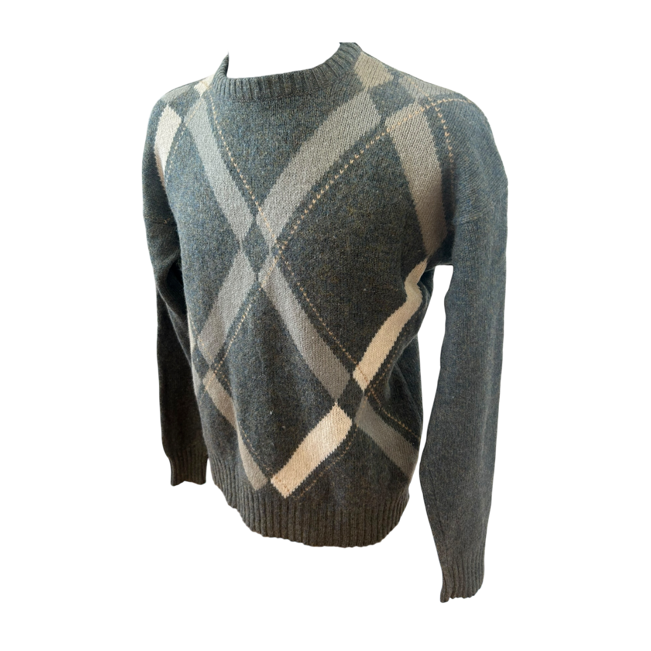 Herren Pullover 54 Schurwolle Grau Beige Blau Argyle Muster Vintage