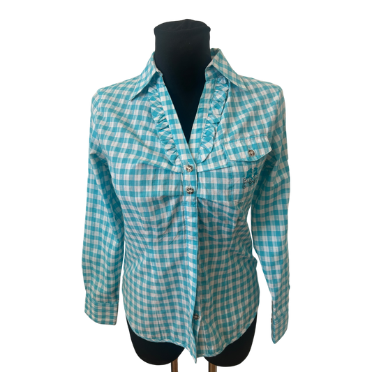 Stockerpoint Bluse Damen Gr 36 Türkis Weiß Kariert Trachtenlook