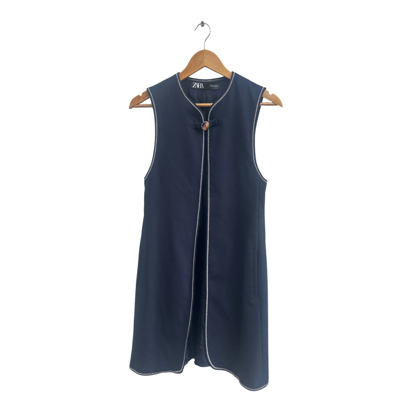 Zara Weste Damen Gr XS Dunkelblau Baumwolle Elegant Lang Hochwertig Büro Look