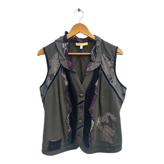 Biba Weste Damen Gr 40 Khaki Samtbesatz Glitzer Knöpfe Elegant Stretch Design