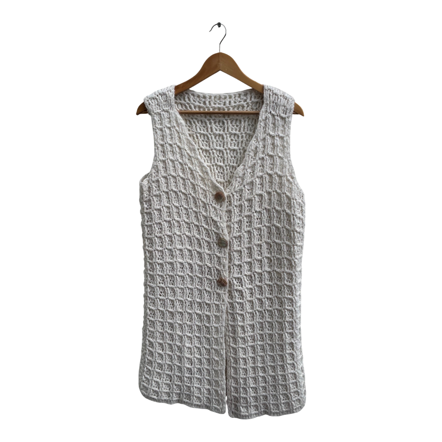 Strickweste Damen Gr XL Creme Wolle Lang Warm Perlmuttknöpfe Vintage Elegant