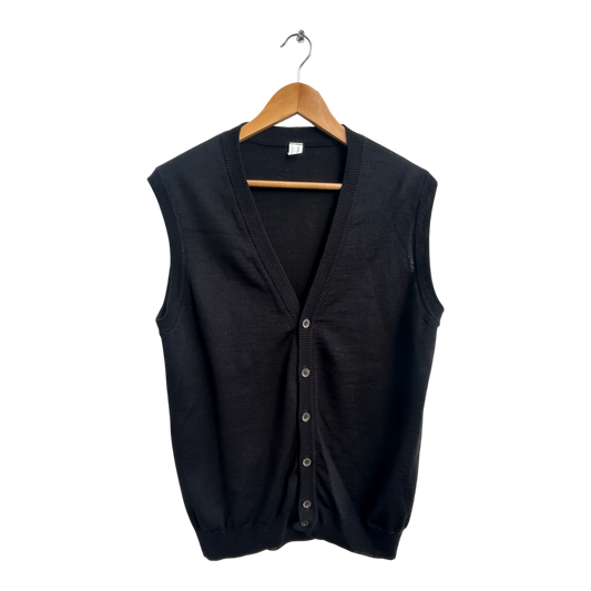 Vintage Damen Pullunder Schwarz Gr 48 XL Wolle Poly Feinstrick Elegant Klassisch