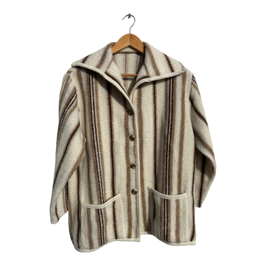Damen Jacke Gr 46 Beige Braun Gestreift Wollmix Kuschelig Weich Vintage