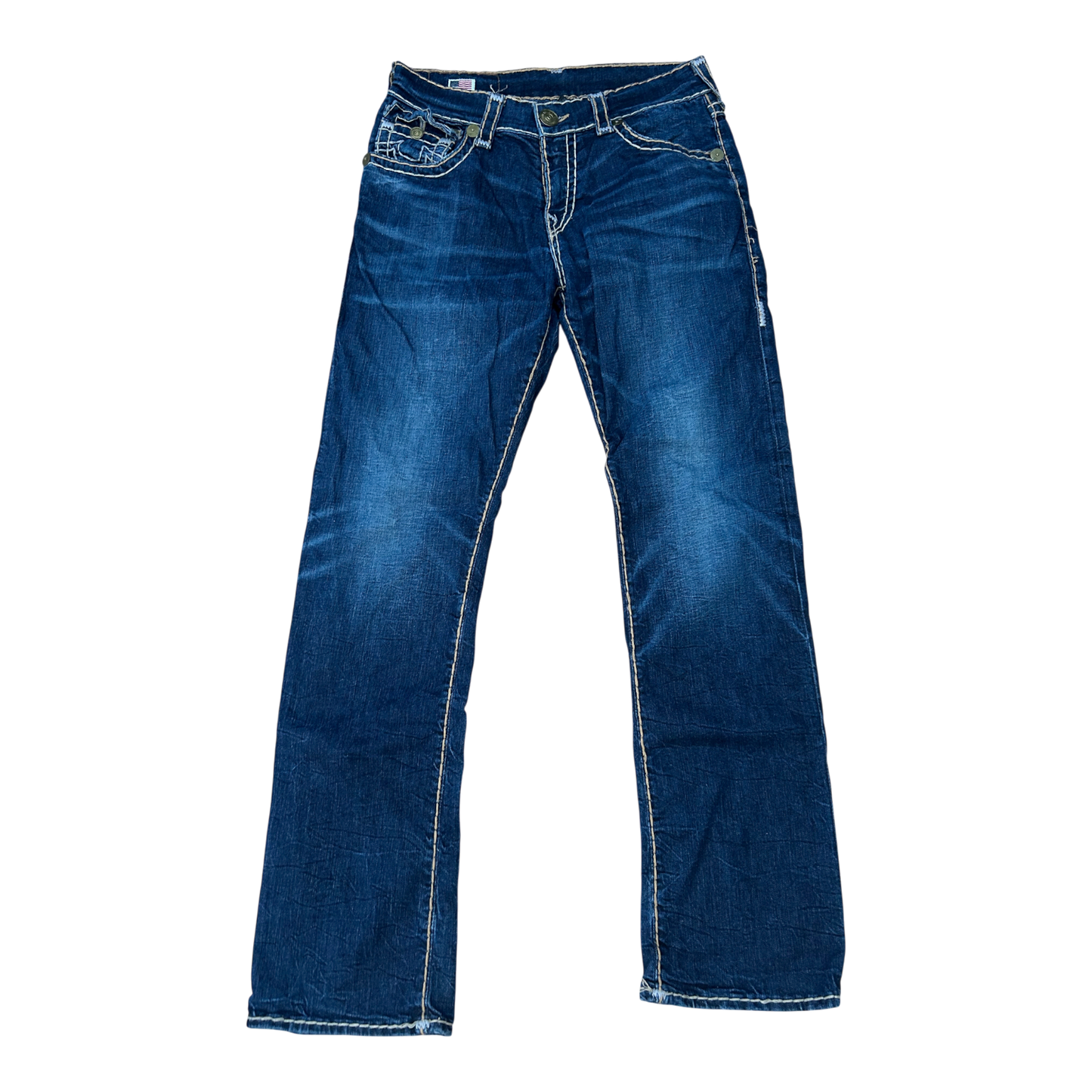 True Religion Jeans Herren Gr 32 Blau Bootcut Denim Stretch Baumwolle Kontrastnaht