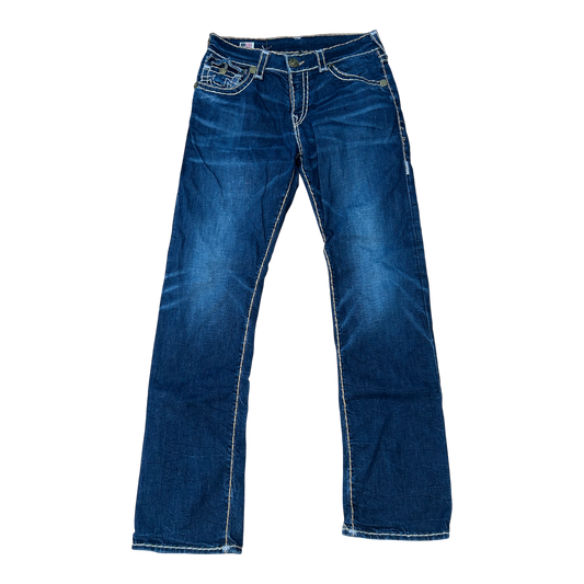 True Religion Jeans Herren Gr 32 Blau Bootcut Denim Stretch Baumwolle Kontrastnaht