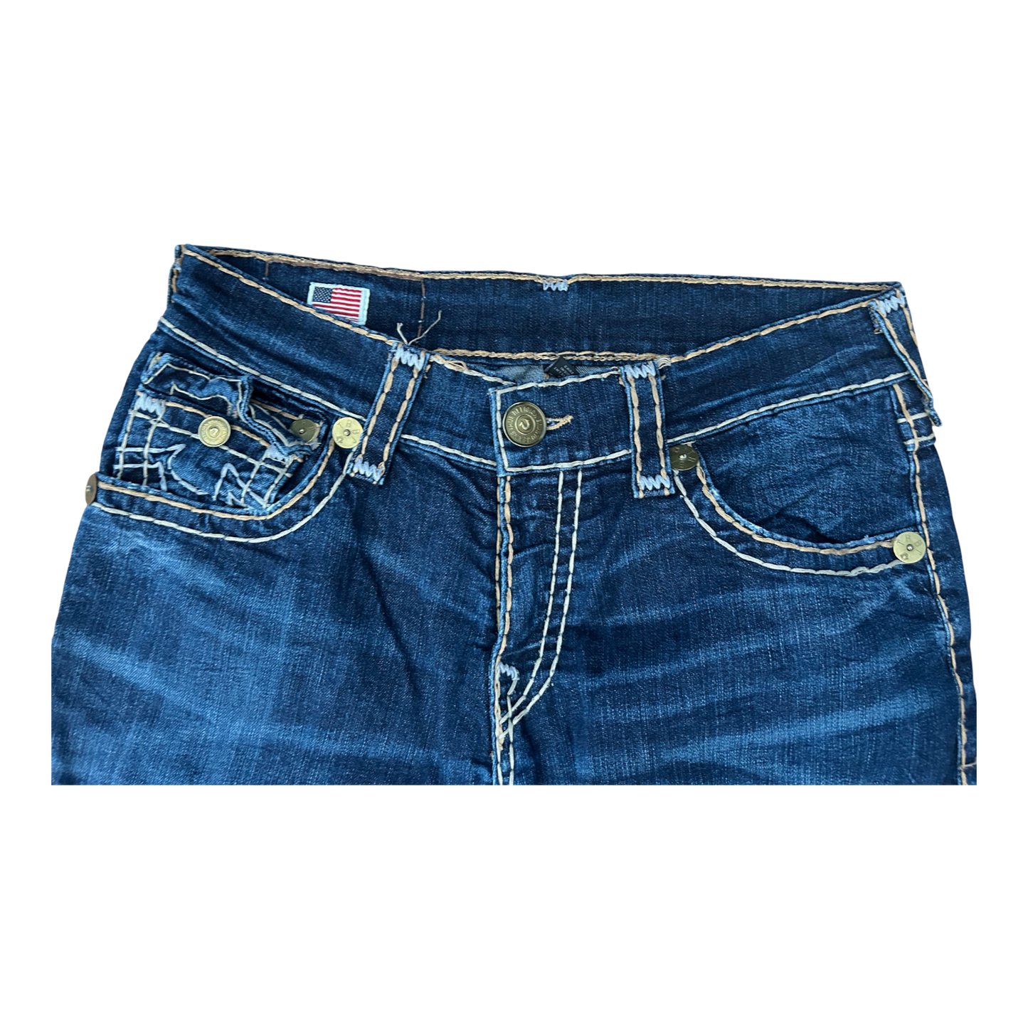 True Religion Jeans Herren Gr 32 Blau Bootcut Denim Stretch Baumwolle Kontrastnaht