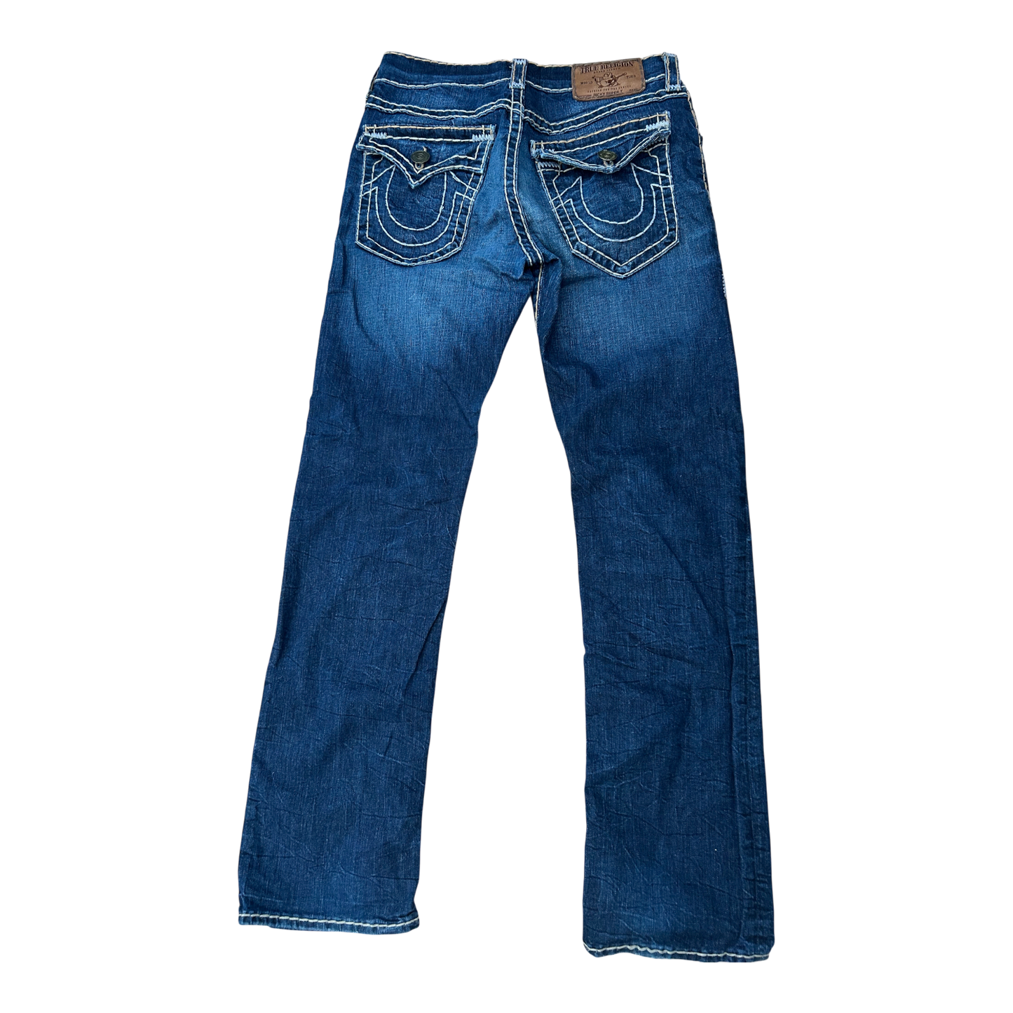 True Religion Jeans Herren Gr 32 Blau Bootcut Denim Stretch Baumwolle Kontrastnaht