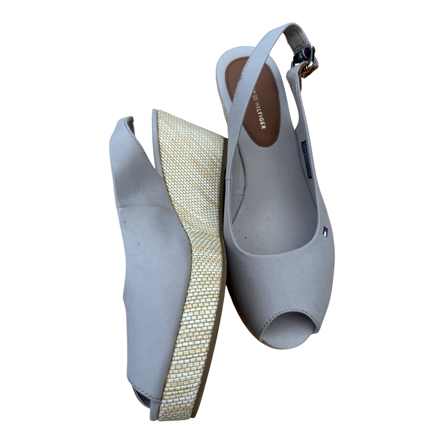 Tommy Hilfiger Damen Slingpumps Wedges Stoff Keilabsatz Gr 41 Beige Sommer