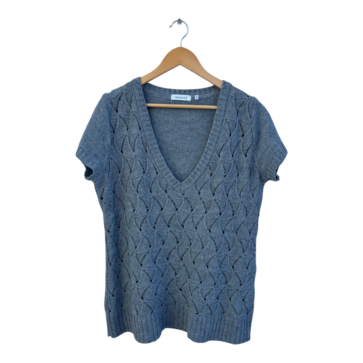 Yessica Strickshirt Damen Gr XL Grau Lochmuster Kurzarm V Ausschnitt Sommer Elegant