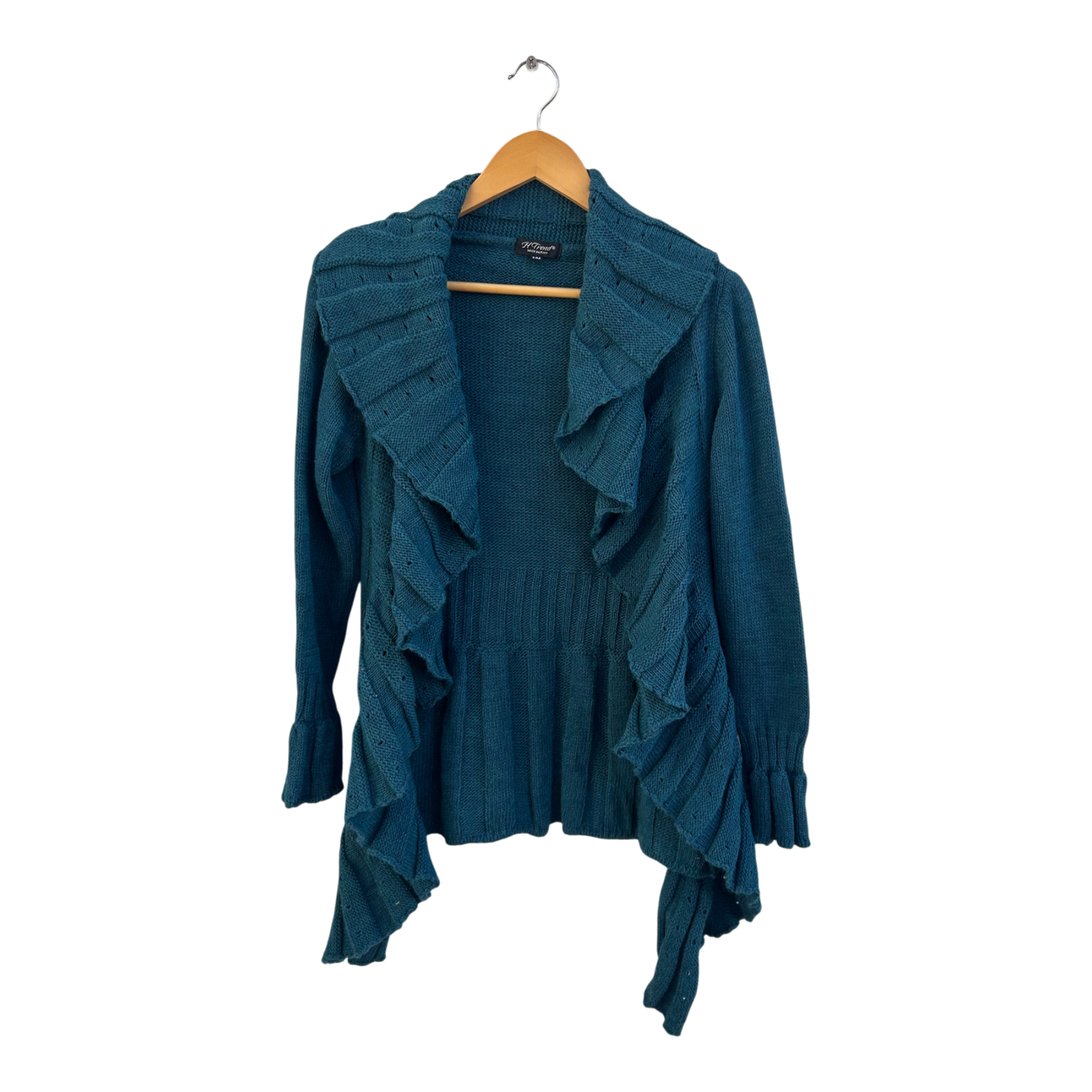 H Trend Strickjacke Damen Gr S M Türkis Made in Italy Mohairmix Rüschen Elegant