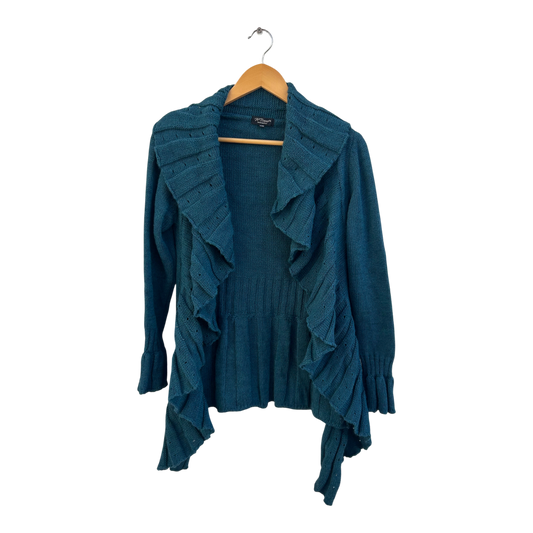 H Trend Strickjacke Damen Gr S M Türkis Made in Italy Mohairmix Rüschen Elegant